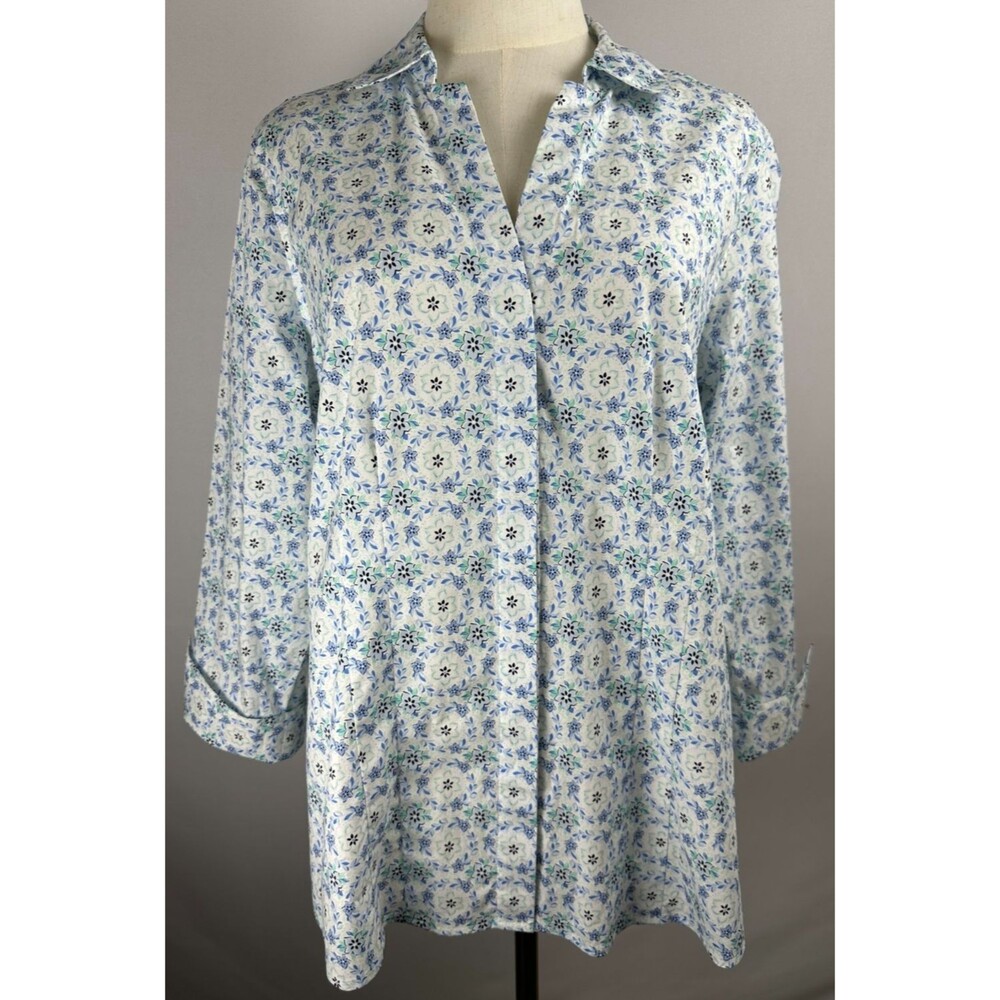 Croft & Barrow Floral Button Down Shirt Womens L Blue Stretch Cotton Cottagecore